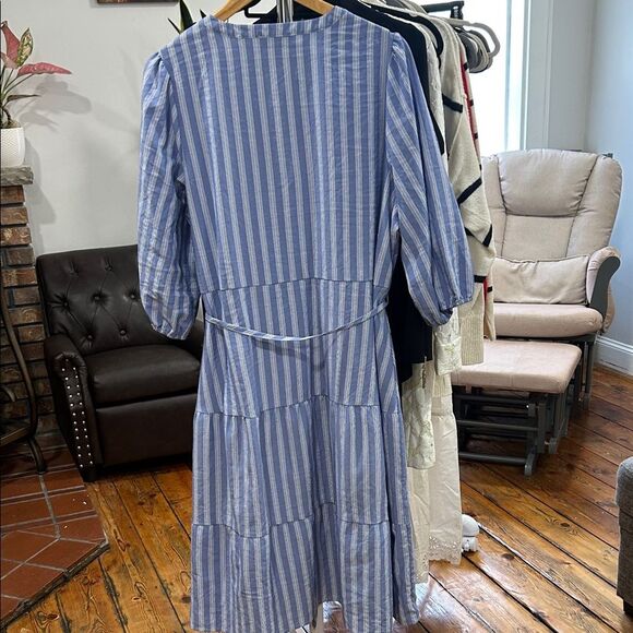 2X Plus size Fred David Blue and White Striped Midi Dress button down 3/4 - Picture 5 of 5
